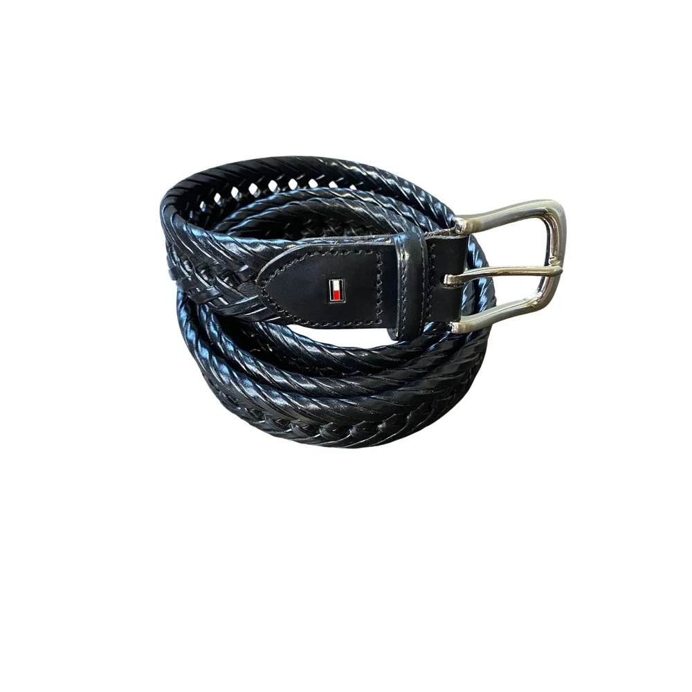 Tommy Hilfiger Mens Braided Woven Leather Trim Belt Black TKBC 40/100